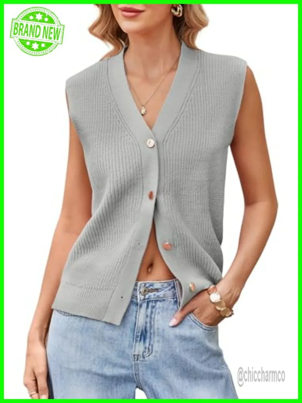 Sleeveless V-Neck Button-Front Cardigan Sweater Vest